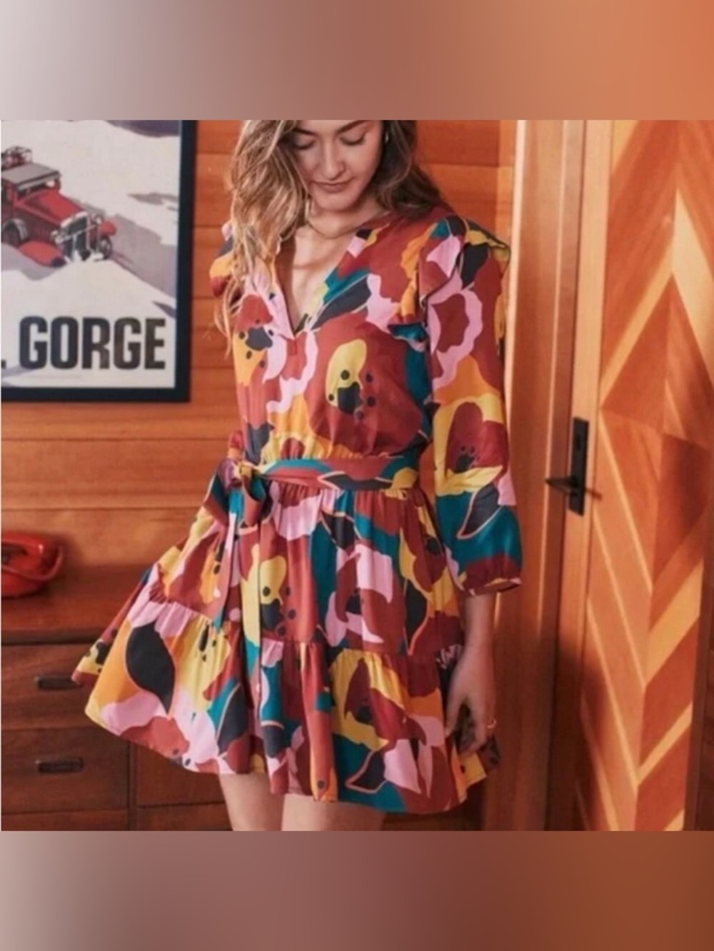 Marine Layer Elise Exploded Floral Mini Dress Tiered Ruffle Size M Colorful Art